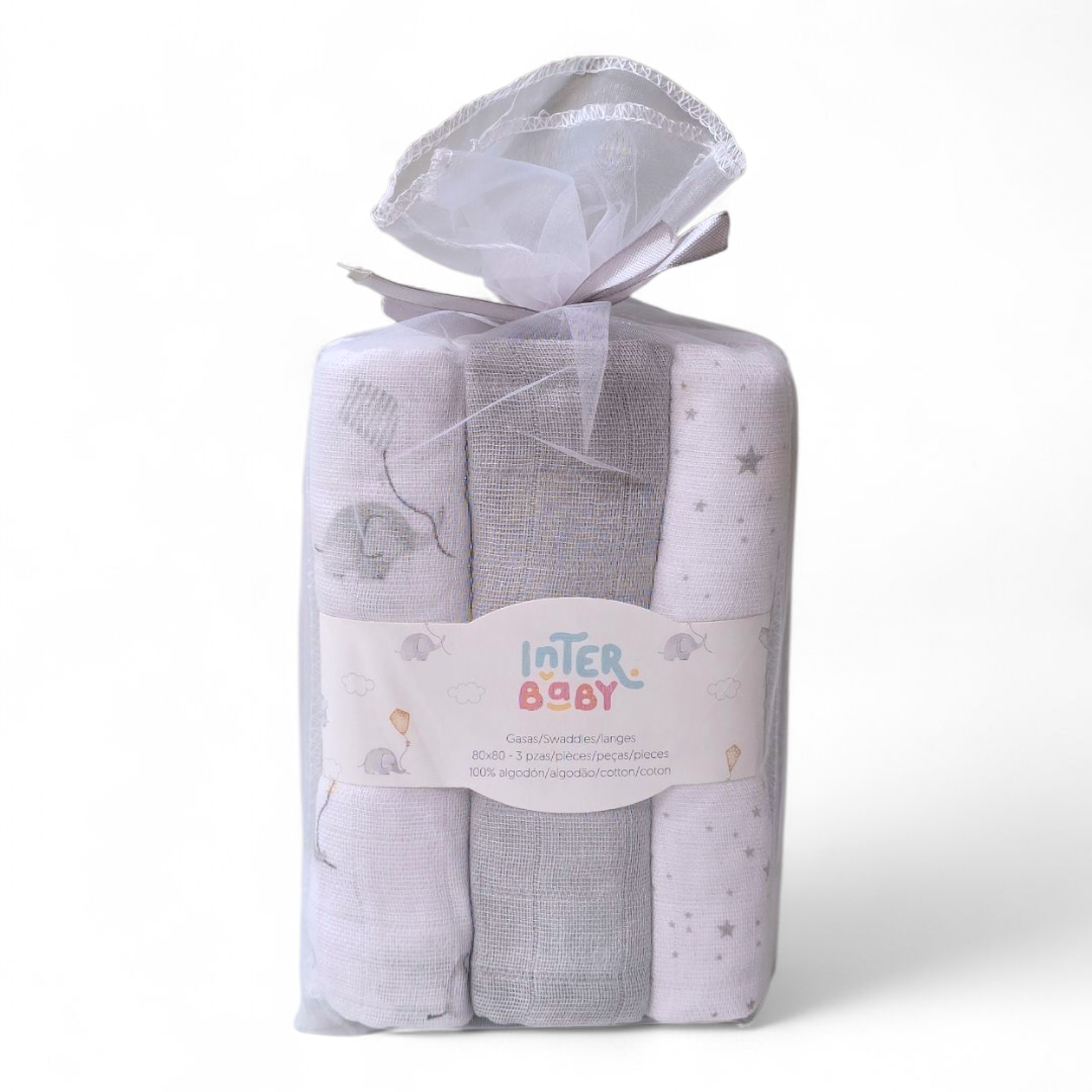 Pack 3 Gasas Algodón Interbaby Elefante Gris