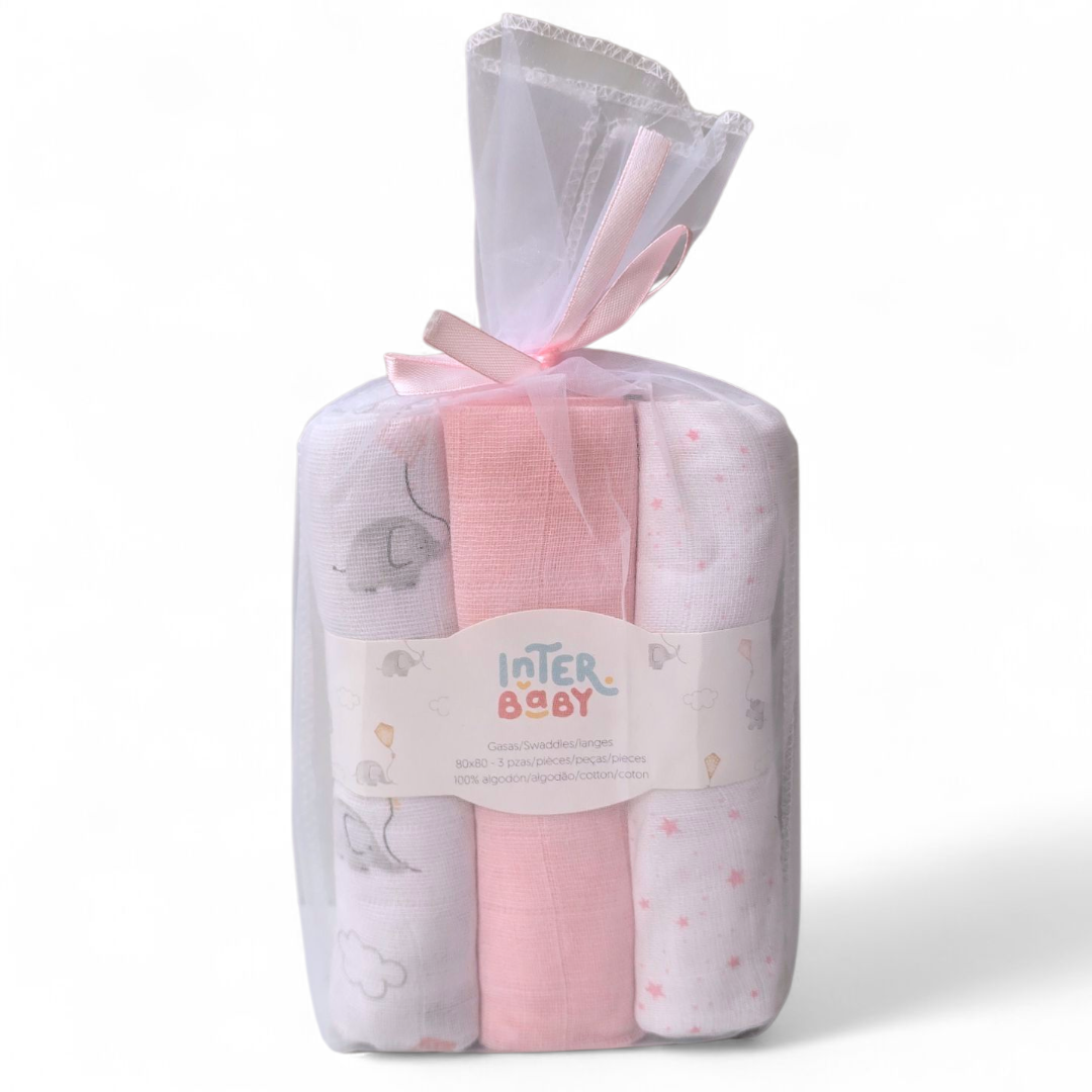 Pack 3 Gasas Algodón Interbaby Elefante Rosa