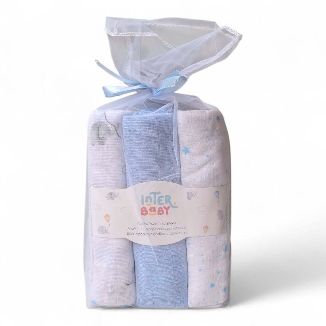 Pack 3 Gasas Algodón Interbaby Elefante Azul