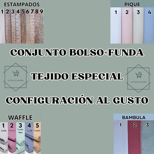 CONJUNTO BOLSO + FUNDA PERSONALIZADO (Tejido especial)