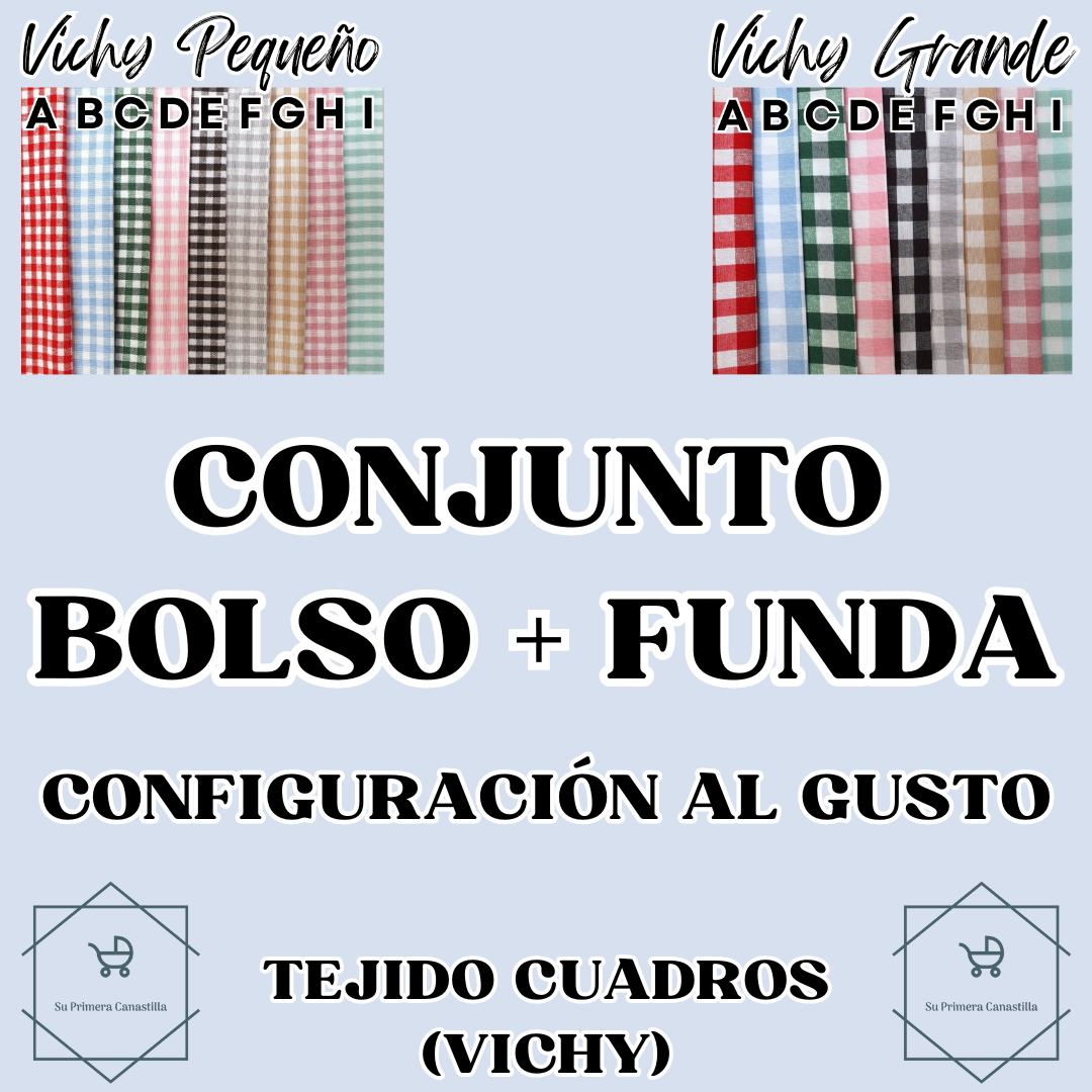 CONJUNTO BOLSO + FUNDA PERSONALIZADO (Tejido Cuadros Vichy)