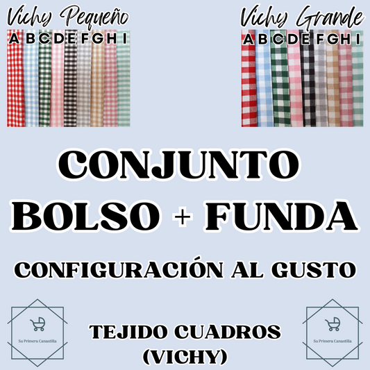 CONJUNTO BOLSO + FUNDA PERSONALIZADO (Tejido Cuadros Vichy)