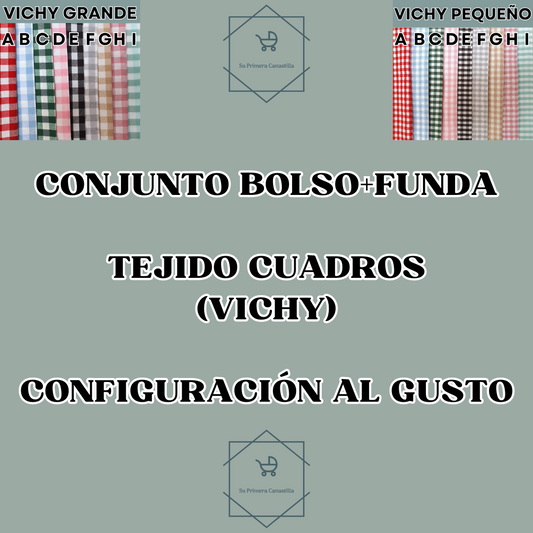 CONJUNTO BOLSO + FUNDA PERSONALIZADO (Tejido Cuadros Vichy)